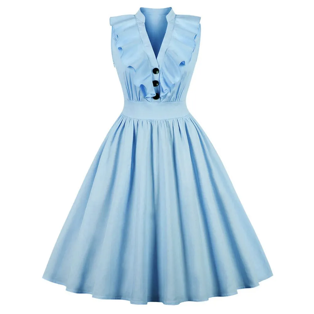 1950s Summer Sleeveless High Waist Cotton Ruffles V Neck Robe Pin Up Swing Vintage Dress