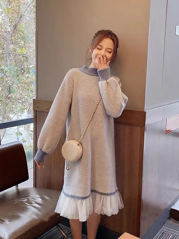 2023 autumn and winter new style spliced knitted dress for women, versatile slimming half turtleneck with coat and sweater skirt