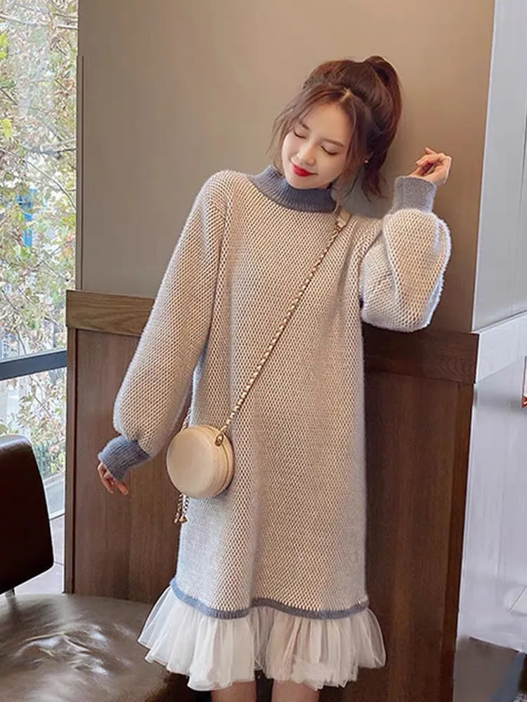 2023 autumn and winter new style spliced knitted dress for women, versatile slimming half turtleneck with coat and sweater skirt