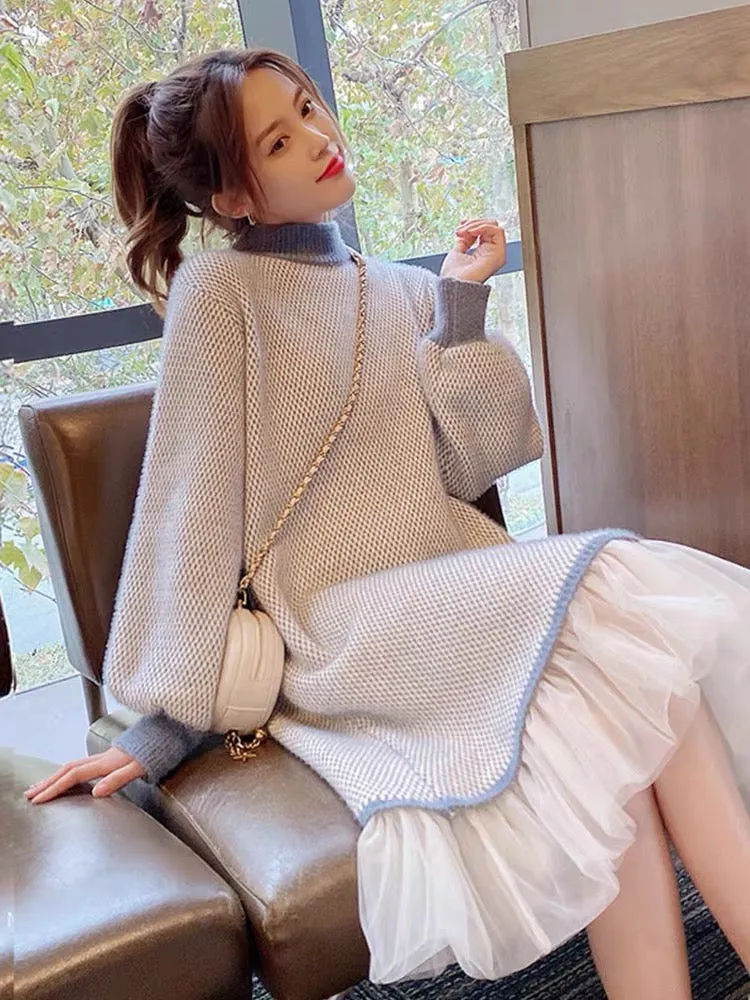 2023 autumn and winter new style spliced knitted dress for women, versatile slimming half turtleneck with coat and sweater skirt