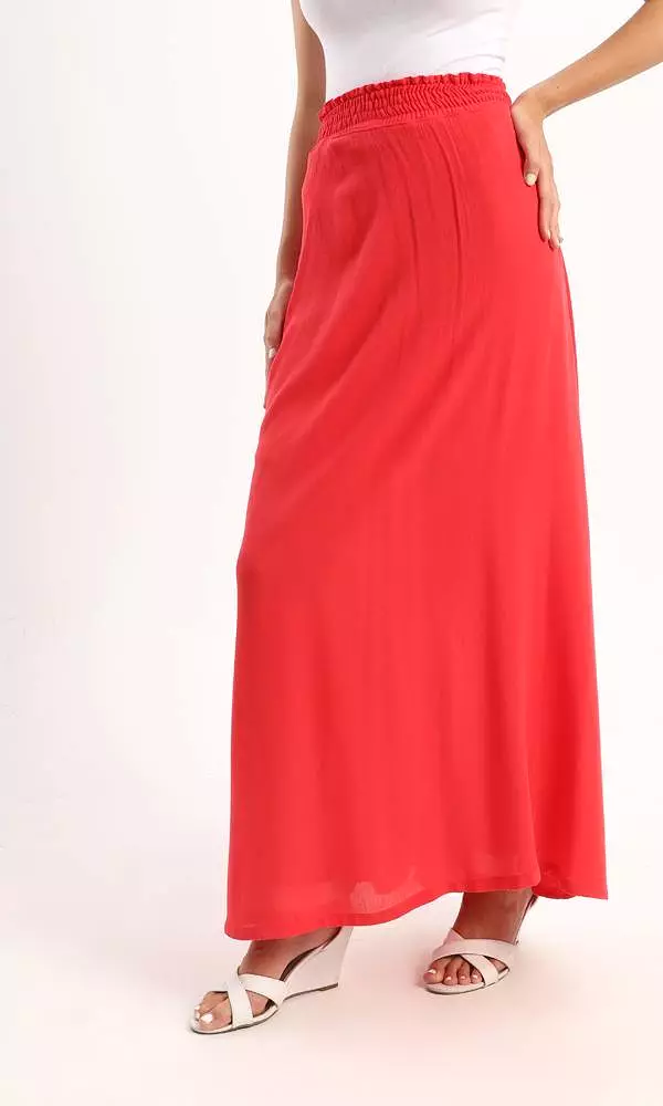 56620 Elastic Waist Slip On Fluffy Maxi Skirt - Red