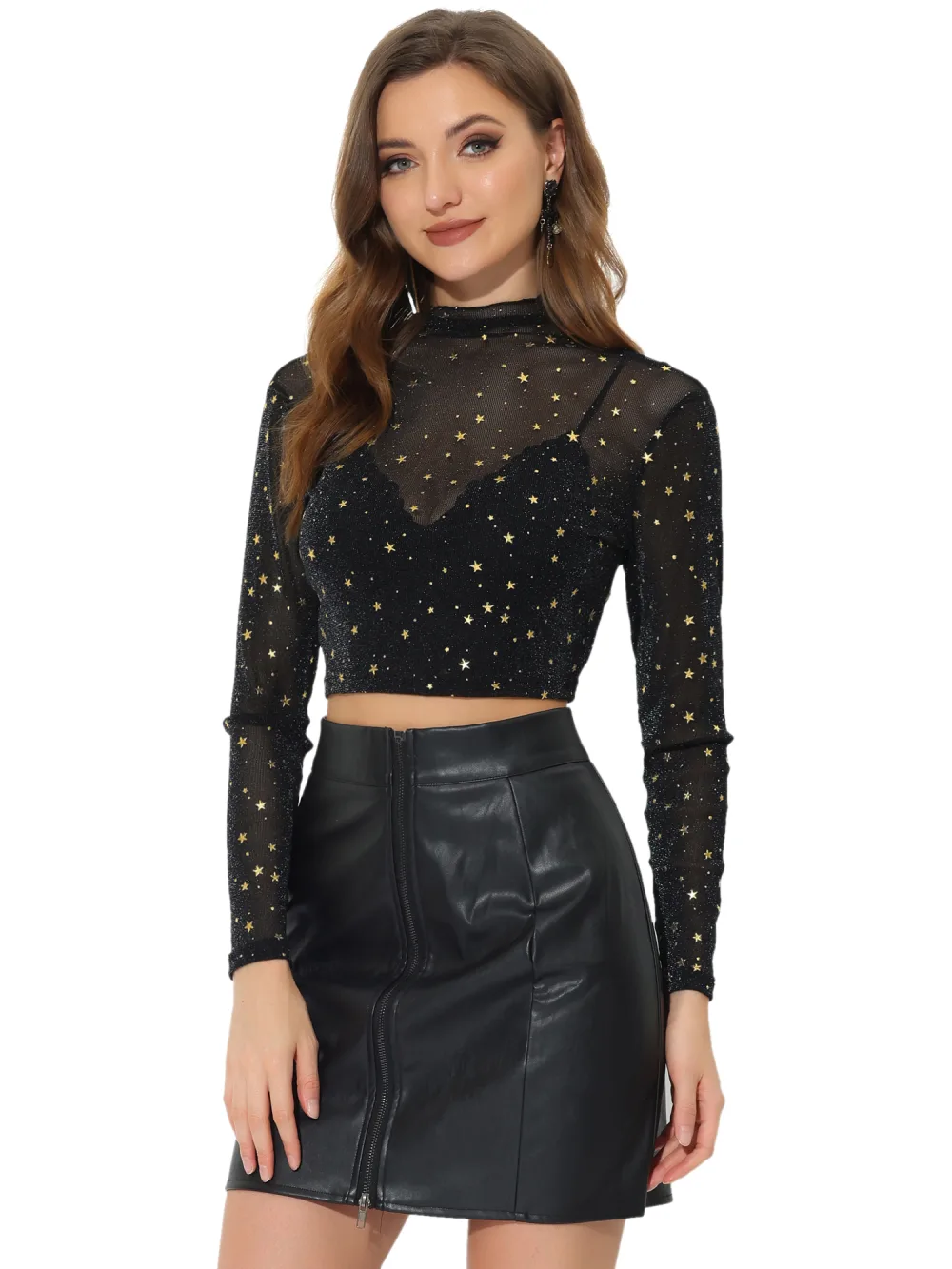 Allegra K - Stars Print Mock Neck Mesh Crop Top