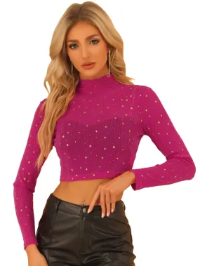 Allegra K - Stars Print Mock Neck Mesh Crop Top