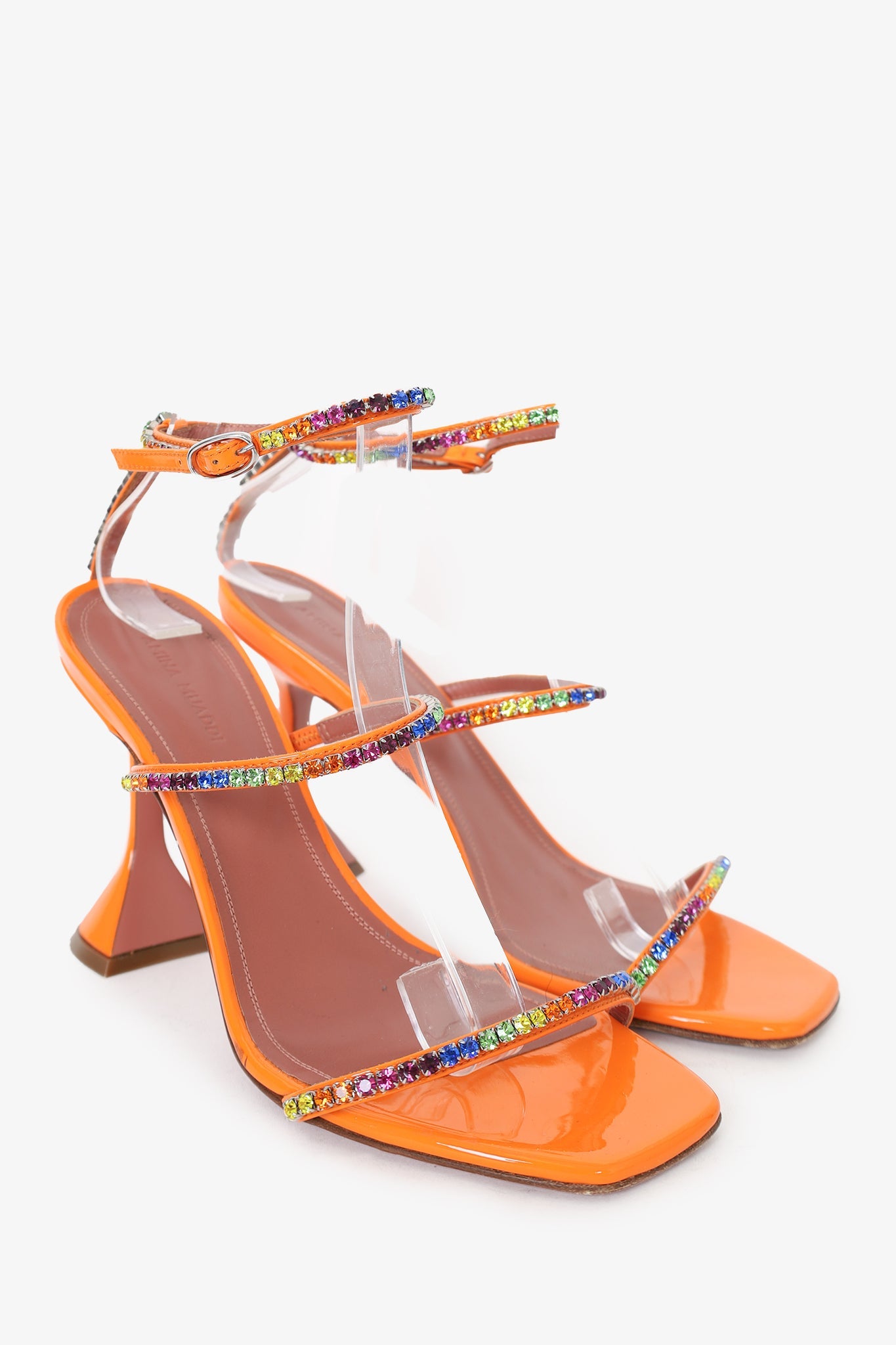 Amina Muaddi Orange Patent Rhinestone 'Gilda' Sandals Size 37.5