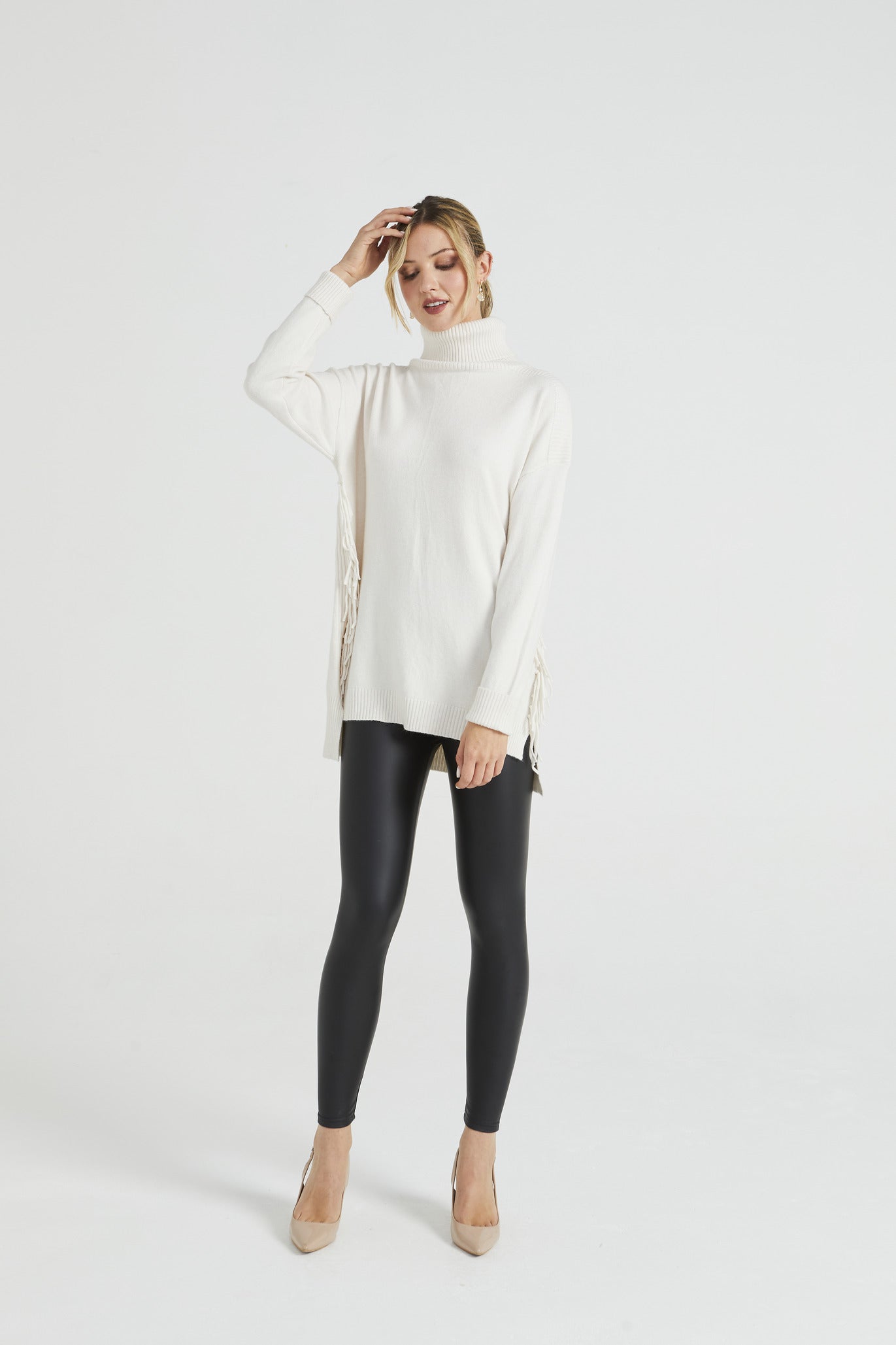 Angeleye High Neck Long Jumper With Side Tassles In Apricot