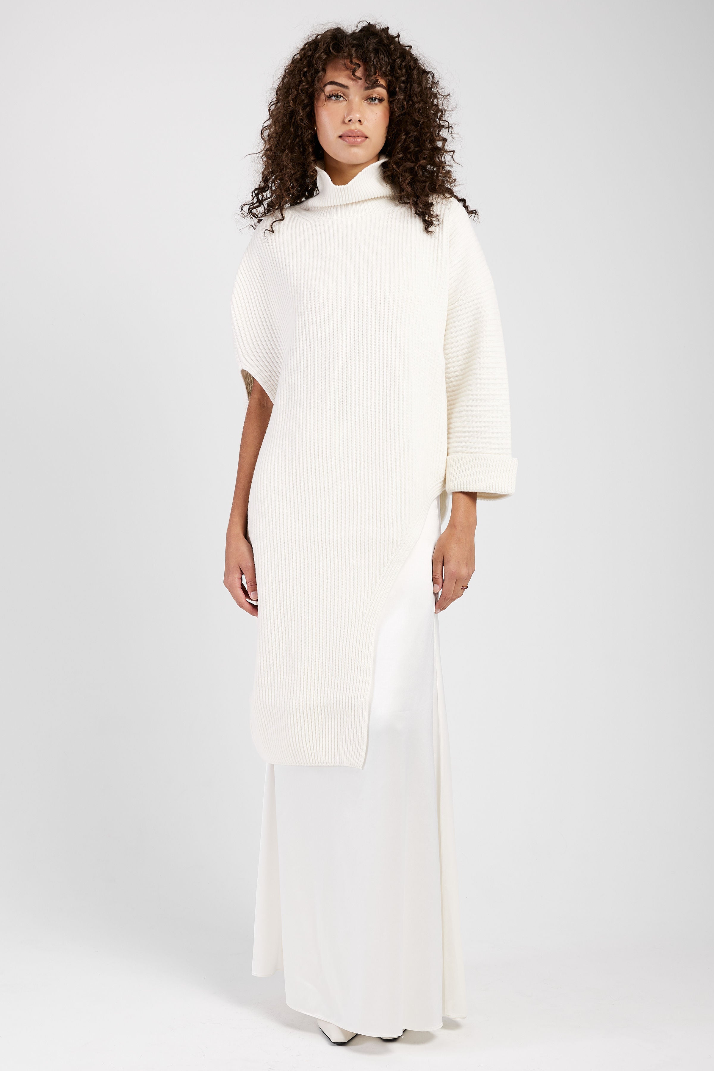 Asymmetric High Neck Cape in Raffia