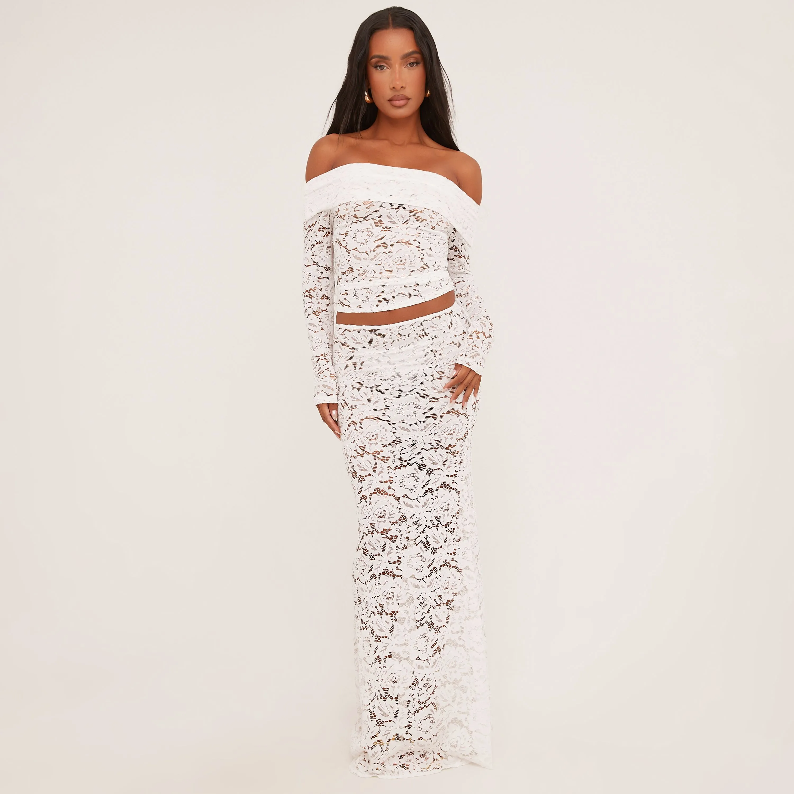 Bardot Top And Mid Rise Maxi Skirt Co-Ord Set In White Lace