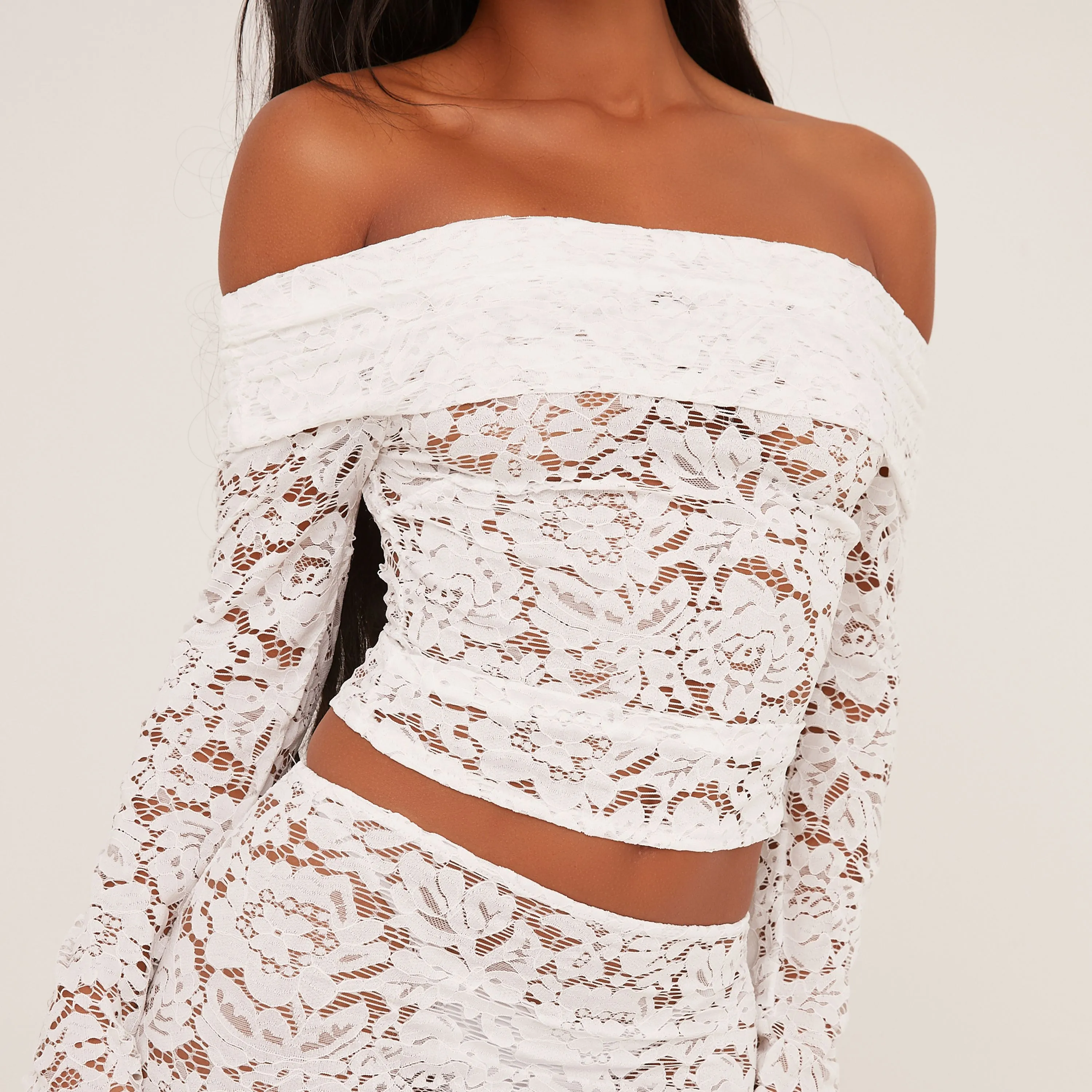 Bardot Top And Mid Rise Maxi Skirt Co-Ord Set In White Lace