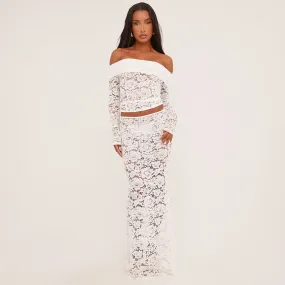 Bardot Top And Mid Rise Maxi Skirt Co-Ord Set In White Lace