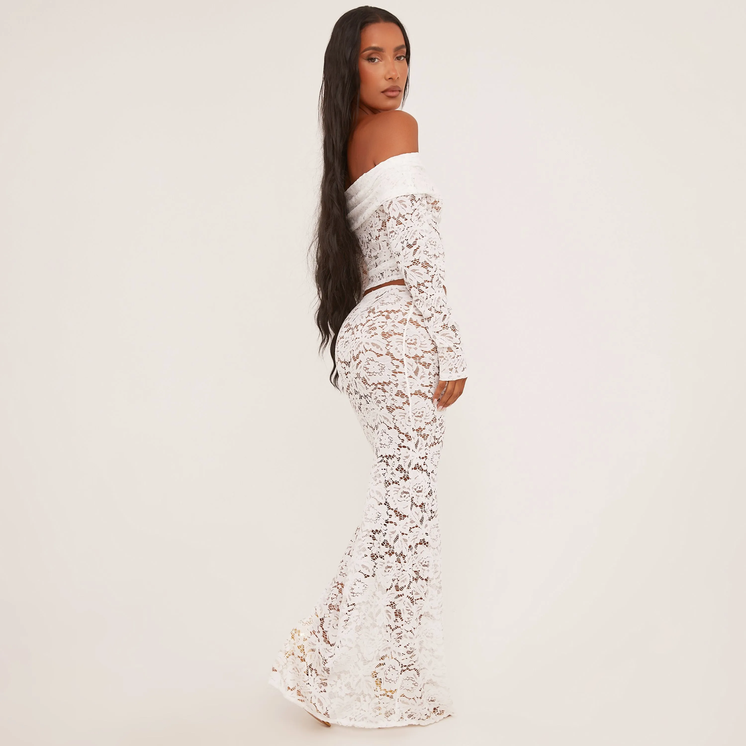 Bardot Top And Mid Rise Maxi Skirt Co-Ord Set In White Lace