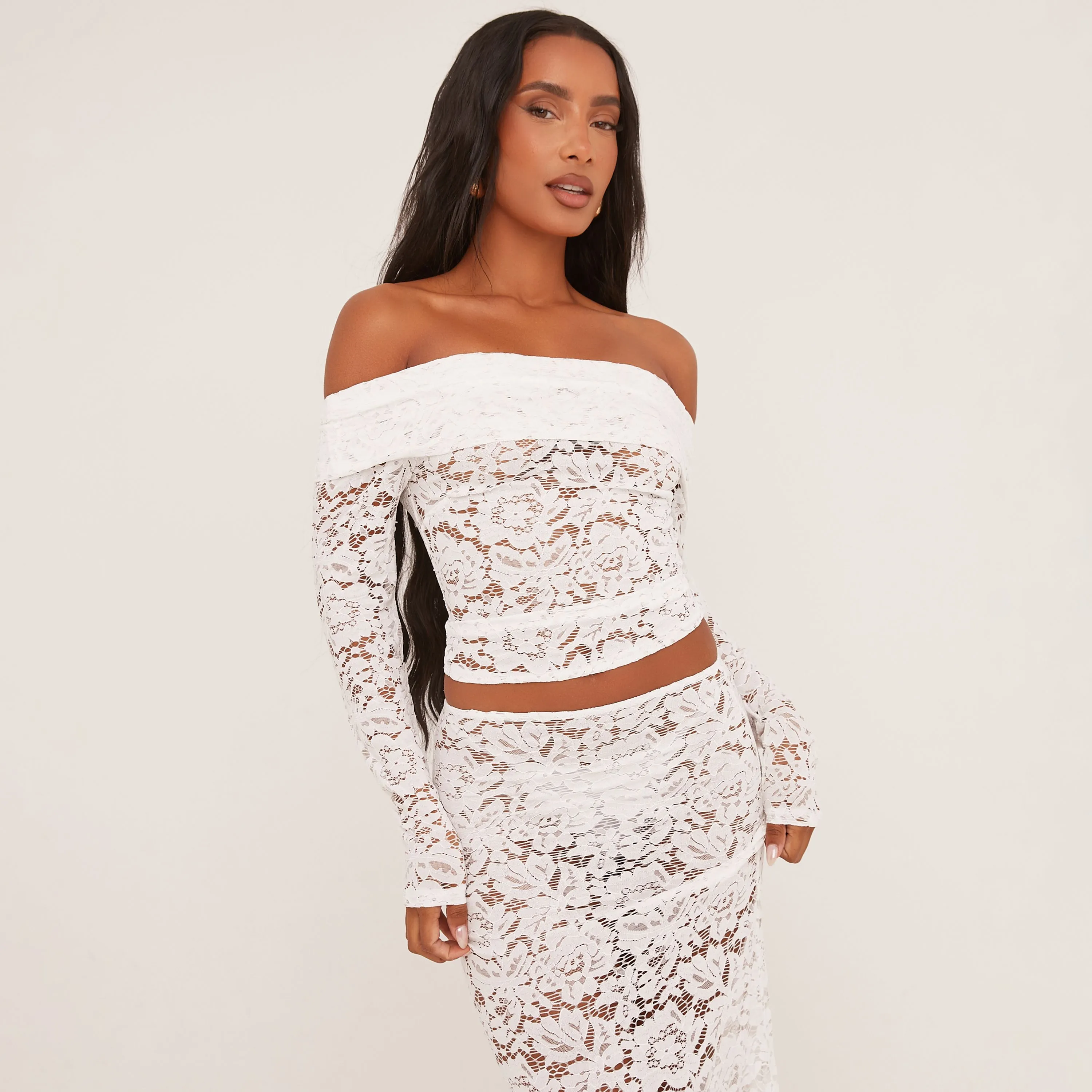 Bardot Top And Mid Rise Maxi Skirt Co-Ord Set In White Lace