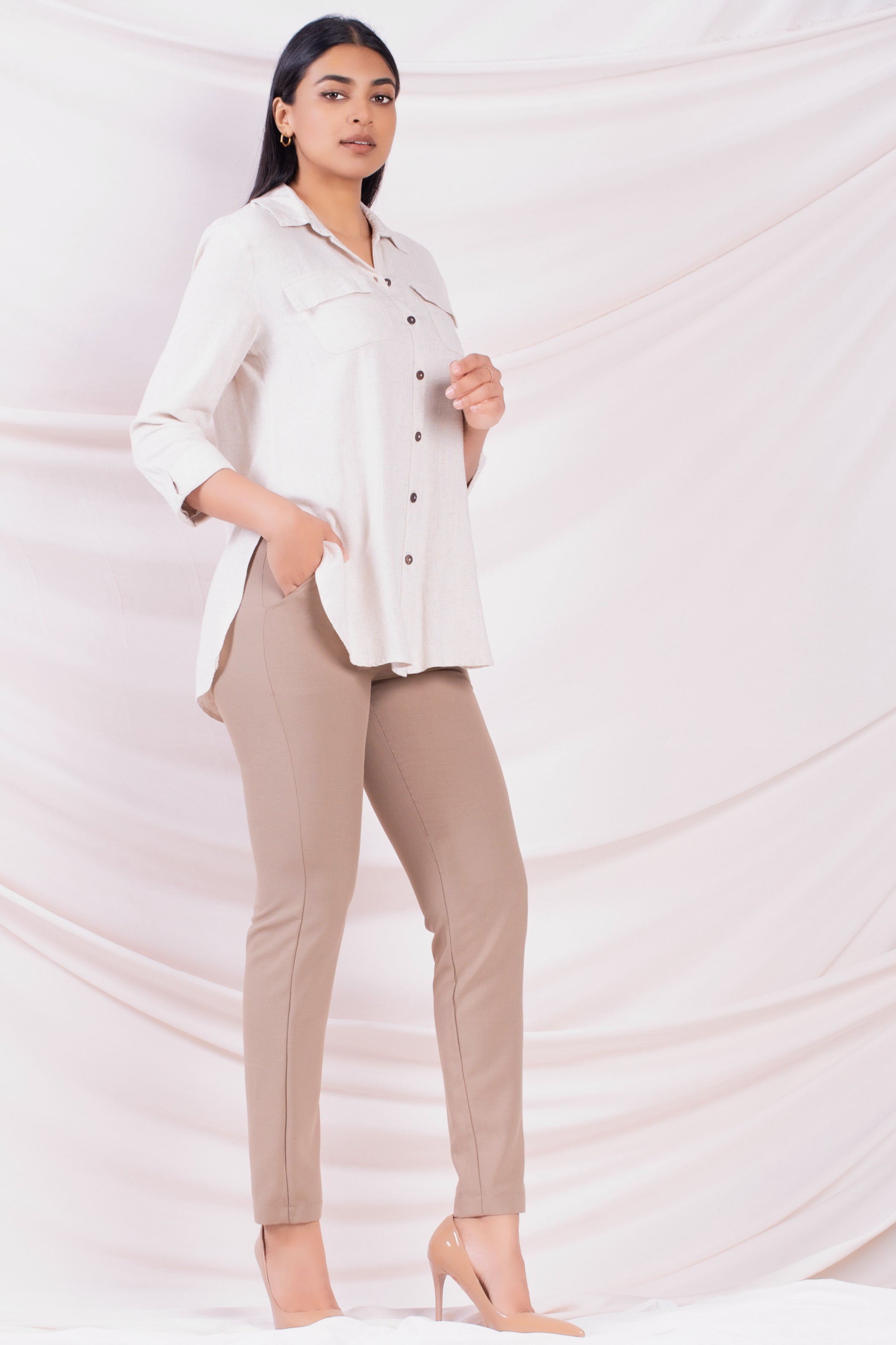 Beige Three Quarter Sleeve Shirt