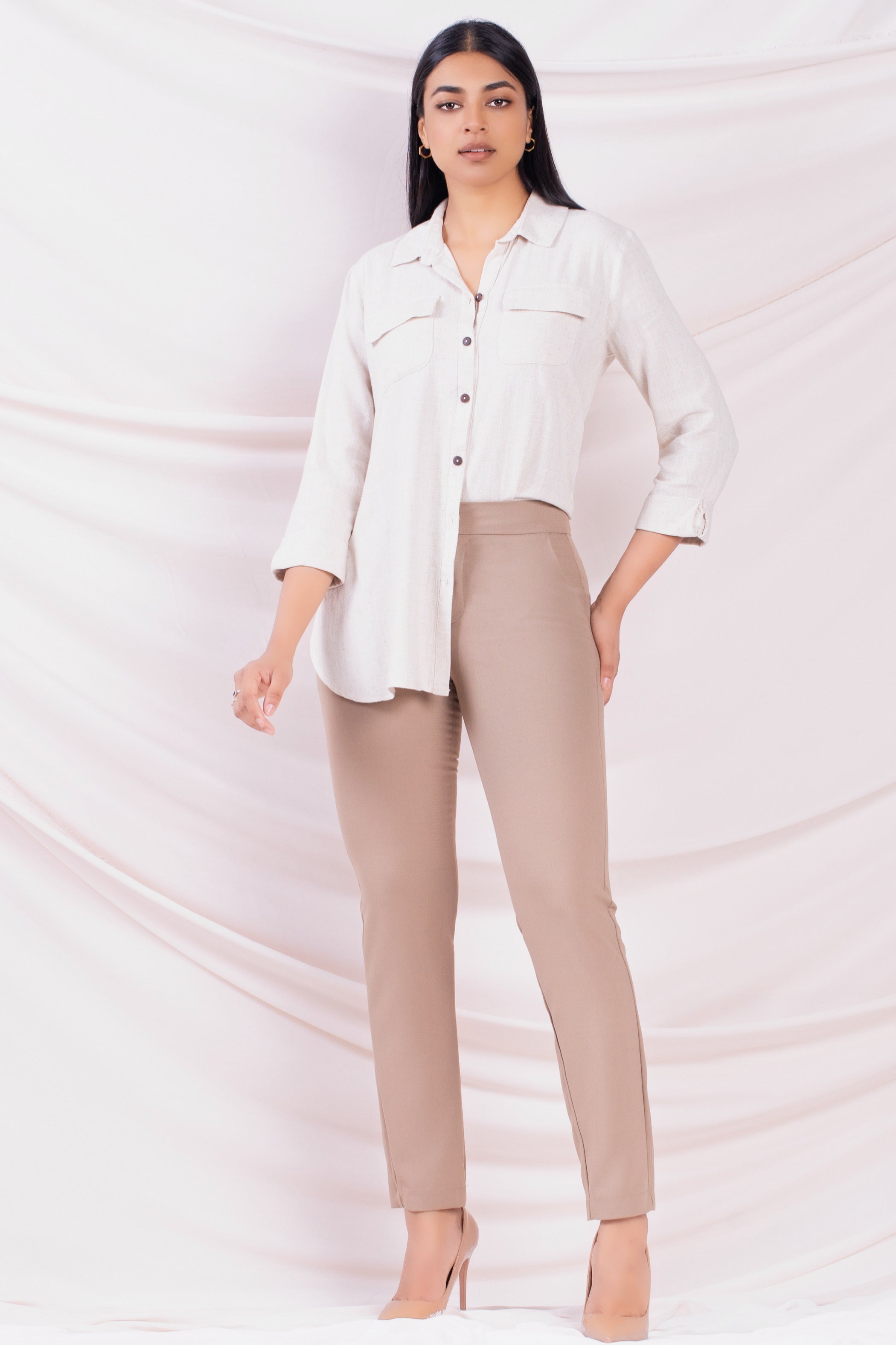 Beige Three Quarter Sleeve Shirt