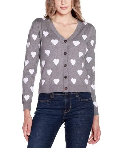 Belldini Women's Hearts Jacquard Cardigan Sweater