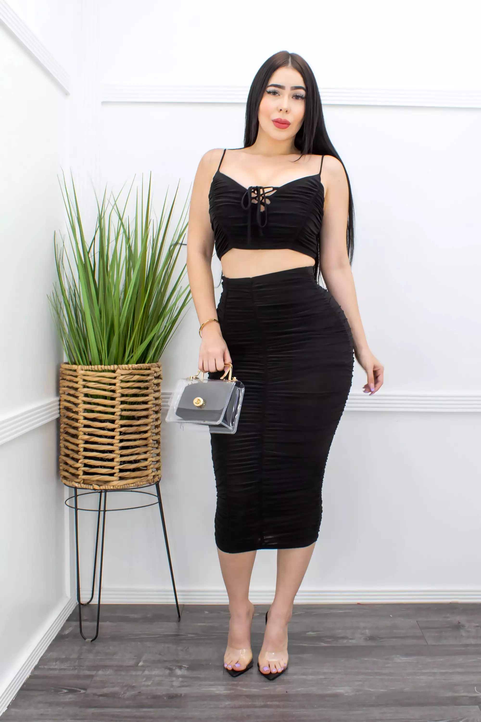 Black Crop Top Ruched Maxi Skirt SET