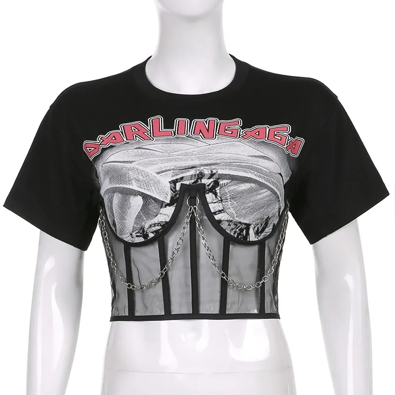 Black Gothic Women's Crop Top / T-Shirt with Short Sleeve / Top O-Neck with Printing