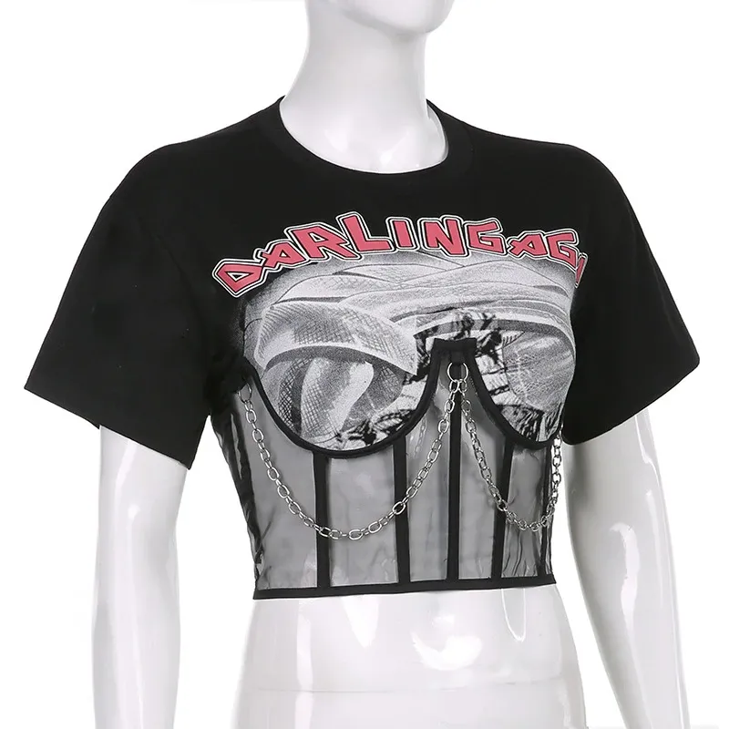 Black Gothic Women's Crop Top / T-Shirt with Short Sleeve / Top O-Neck with Printing