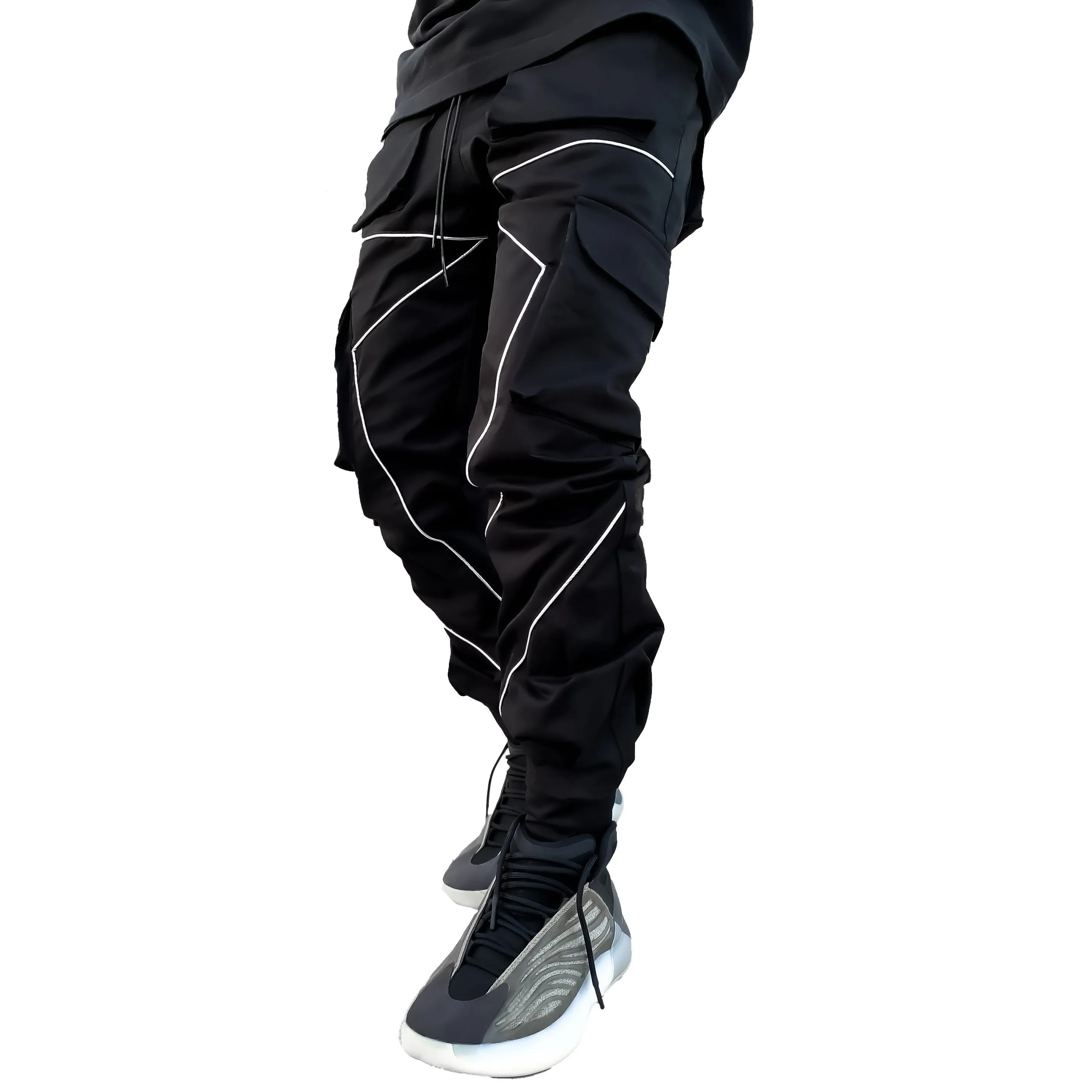 Black Nylon Reflective Piping Cargo  Trackpant