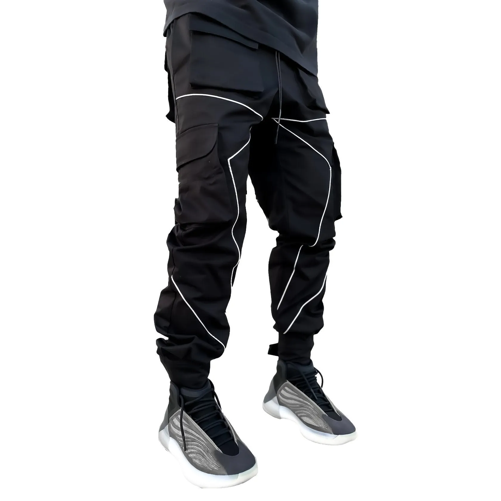 Black Nylon Reflective Piping Cargo  Trackpant