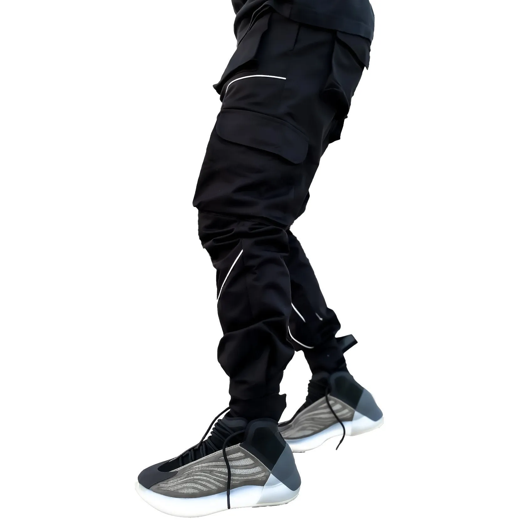 Black Nylon Reflective Piping Cargo  Trackpant