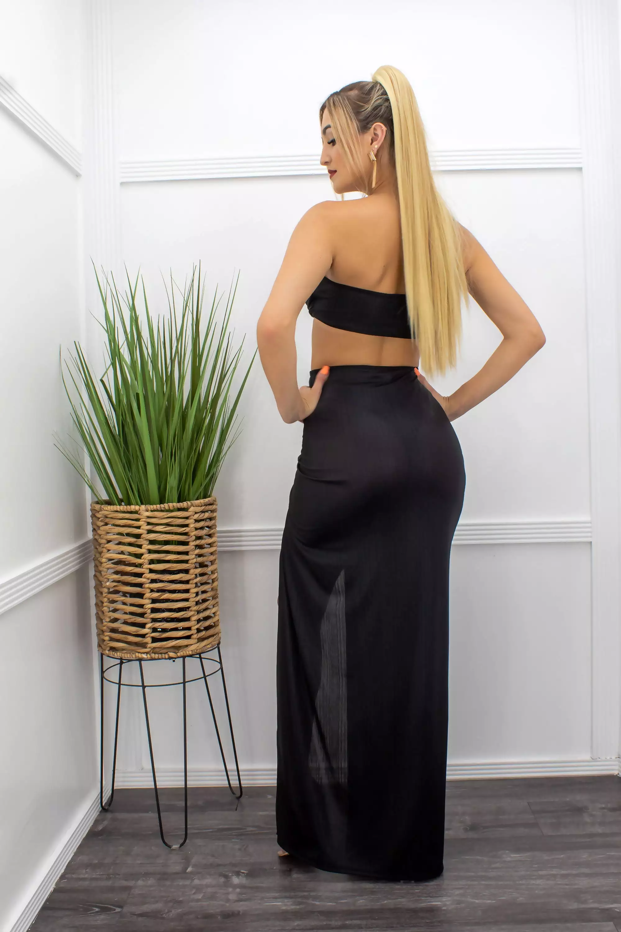 Black Three Piece Bra Maxi Skirt Set