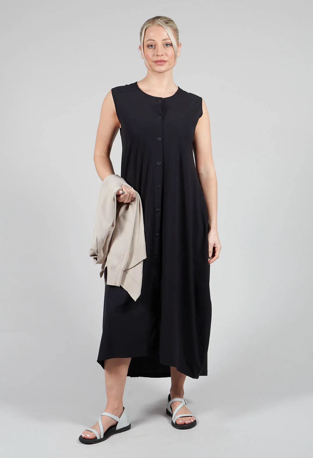 Button Front Long Dress in Black