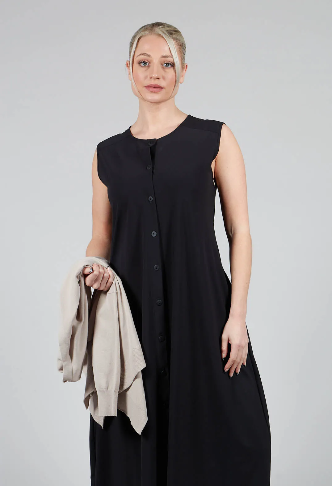 Button Front Long Dress in Black