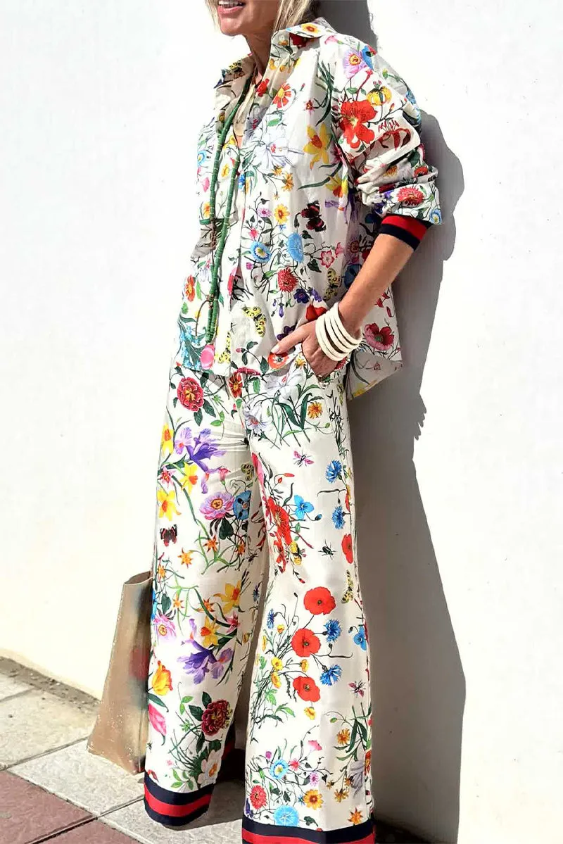 Casual Street Floral Print Pocket Turndown Collar Long Sleeve Two Pieces