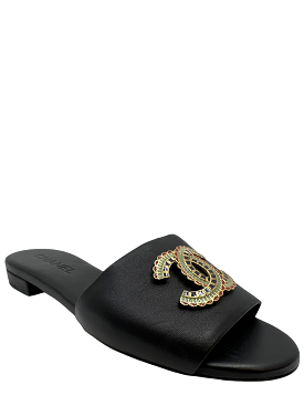 CHANEL 19a Lambskin CC Logo Slide Sandals Size 8