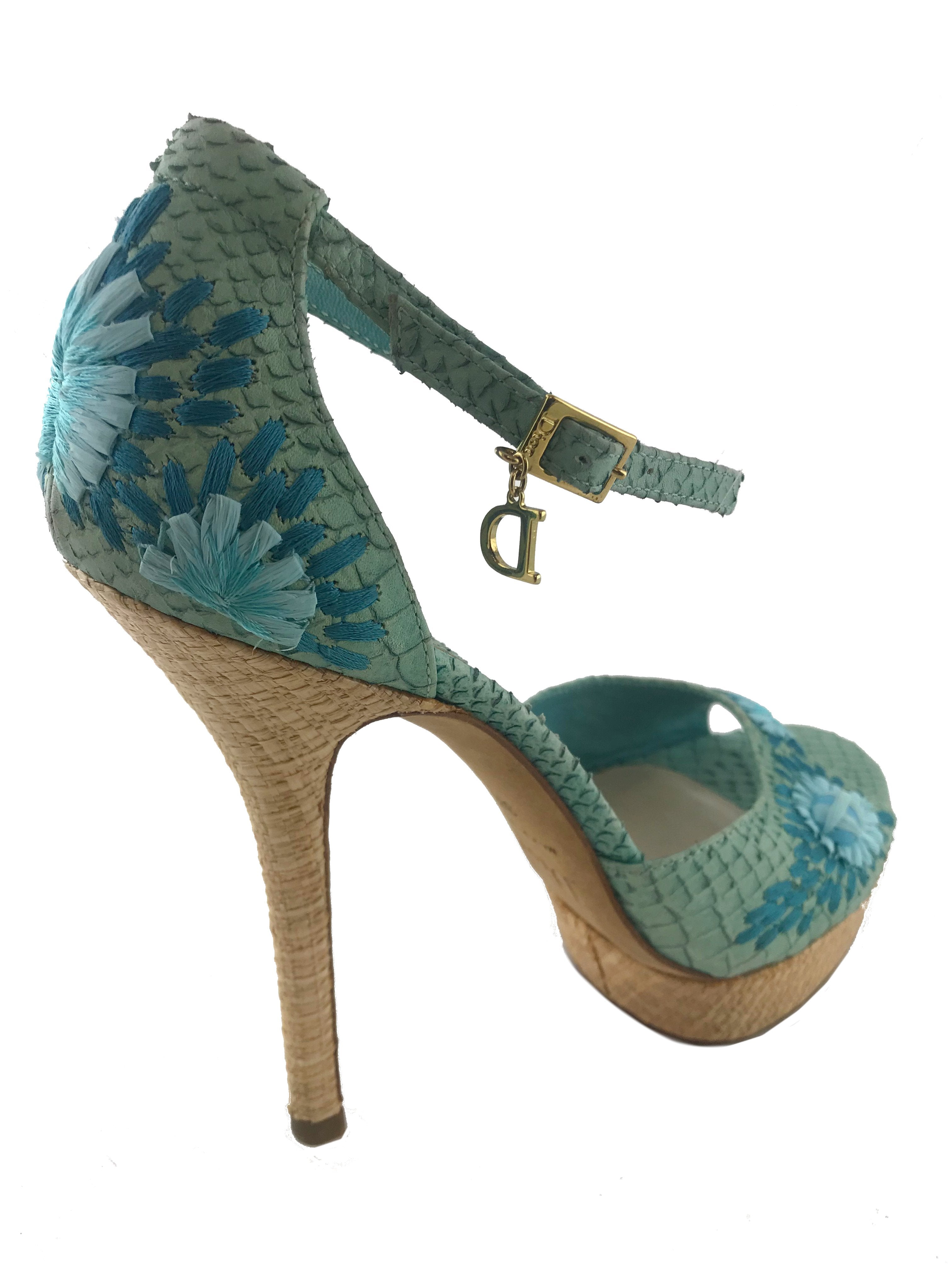 Christian Dior Snakeskin Charm Straw Platform Sandals Size 8.5