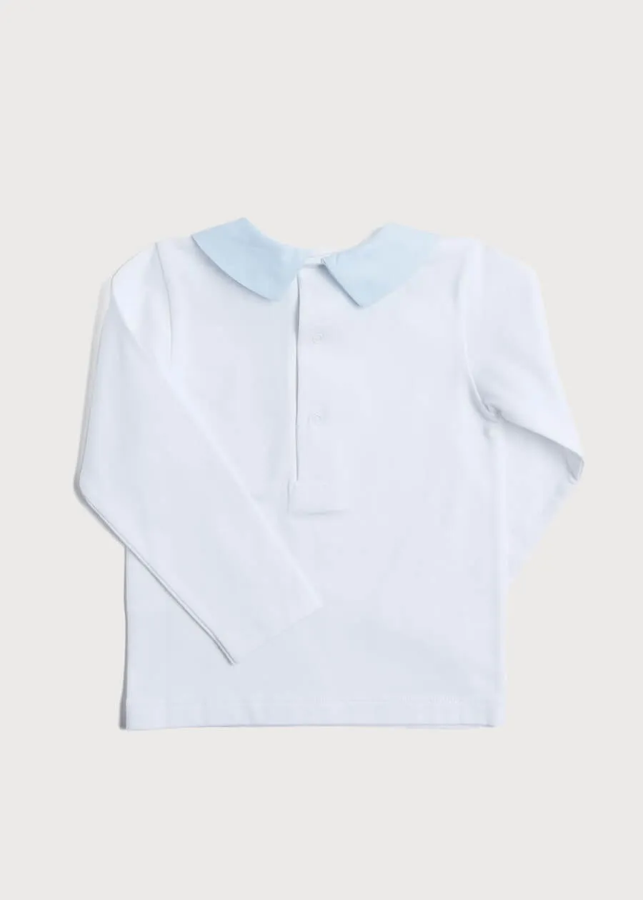 Contrast Polo Collar Long Sleeve Top in White (2-4yrs)