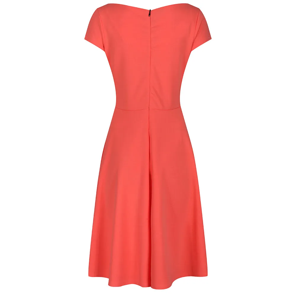 Coral Orange Cap Sleeve Fit And Flare Midi Dress