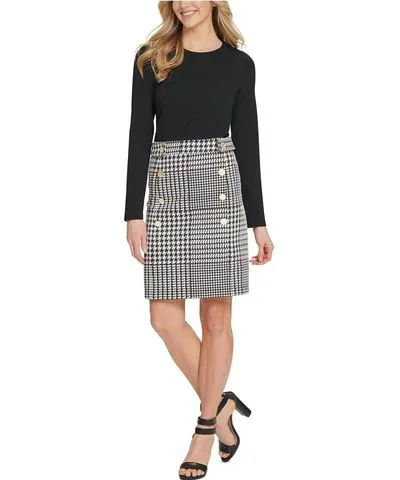 DKNY Womens Button-Trim Houndstooth Cocktail and Party Dress