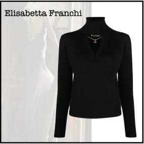 ELISABETTA FRANCHI  |Casual Style V-Neck Long Sleeves Plain High-Neck