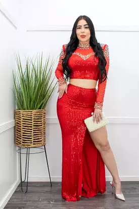 Embellished W Rhinestones Red Top Maxi Skirt Set