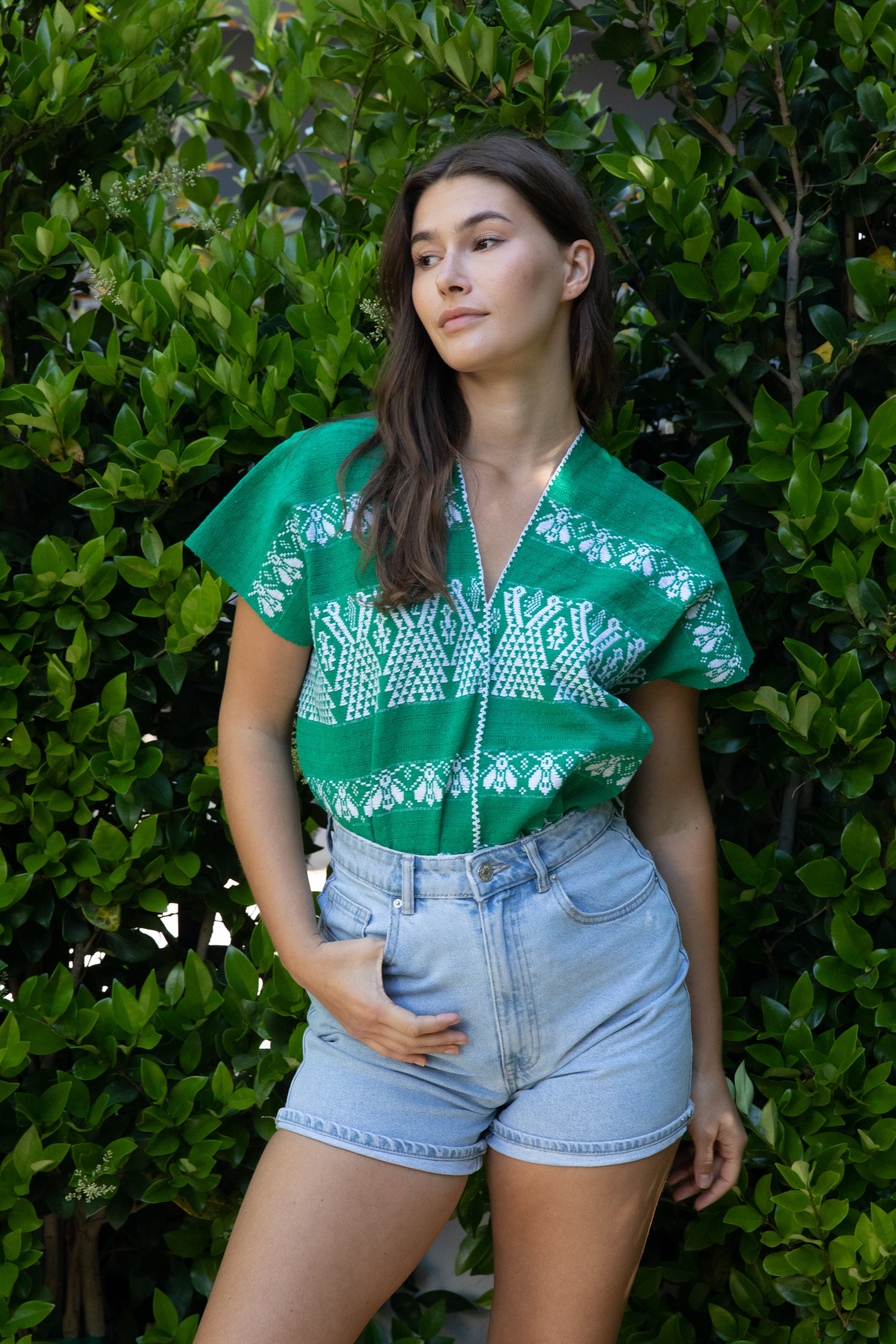 GREEN + WHITE V-NECK CROP