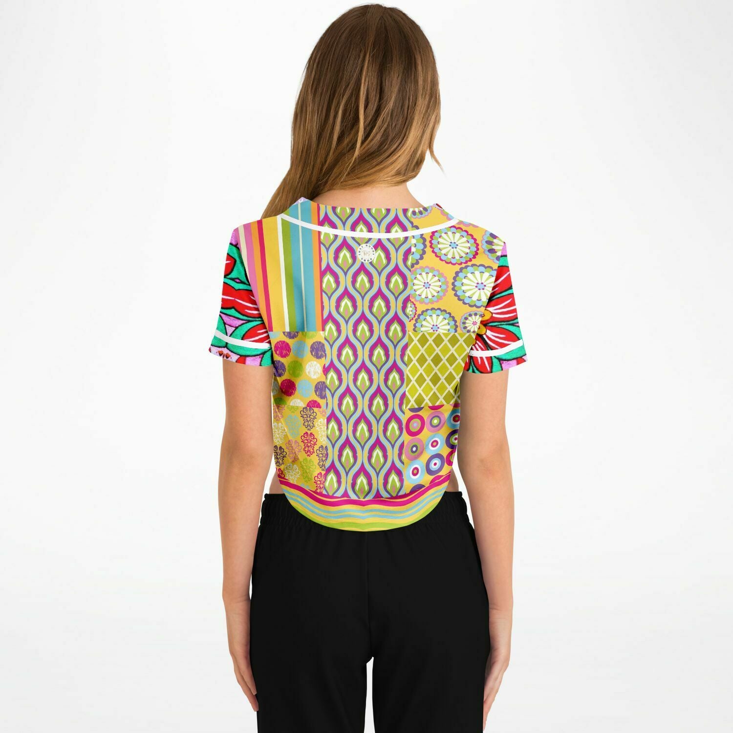 Hello Janis! Yellow Patchwork Cropped Button Front Jersey