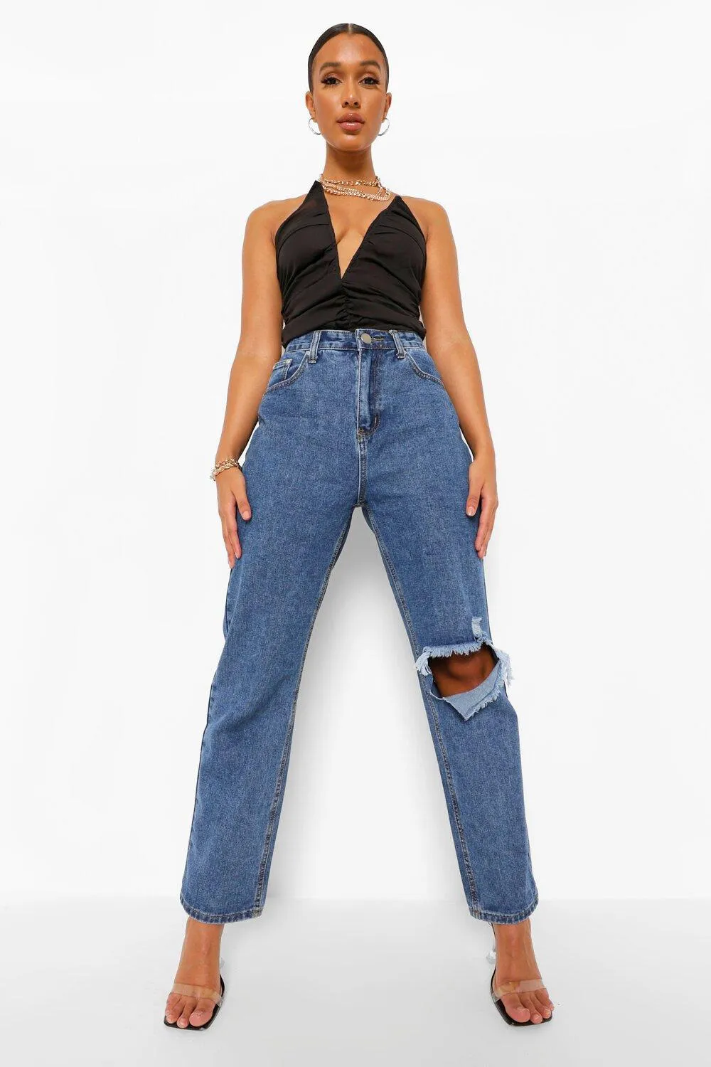 High Waisted Rip Relaxed Straight Leg Jeans