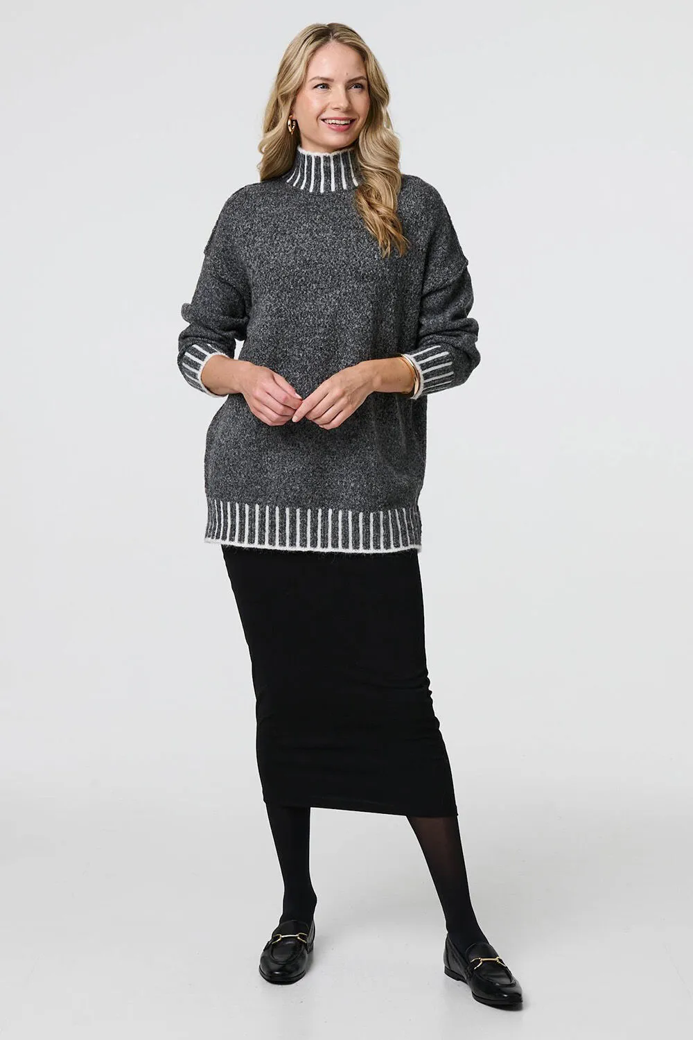 Izabel London – Stripe Trim High Neck Oversized Jumper