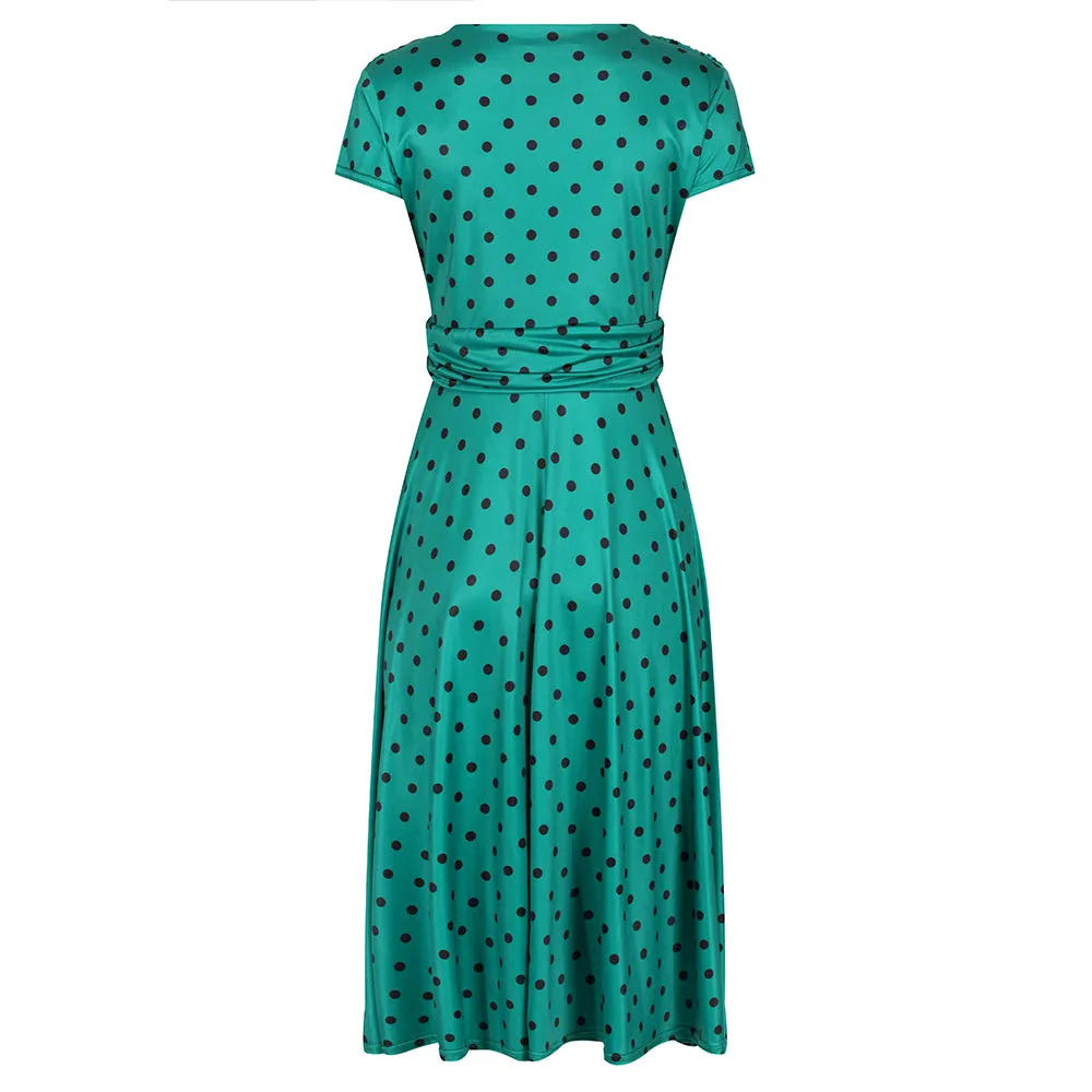 Jade Green Black Polka Dot Cap Sleeve Fit And Flare Midi Dress