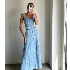 JEDA Light Denim Mid Waist Maxi Skirt