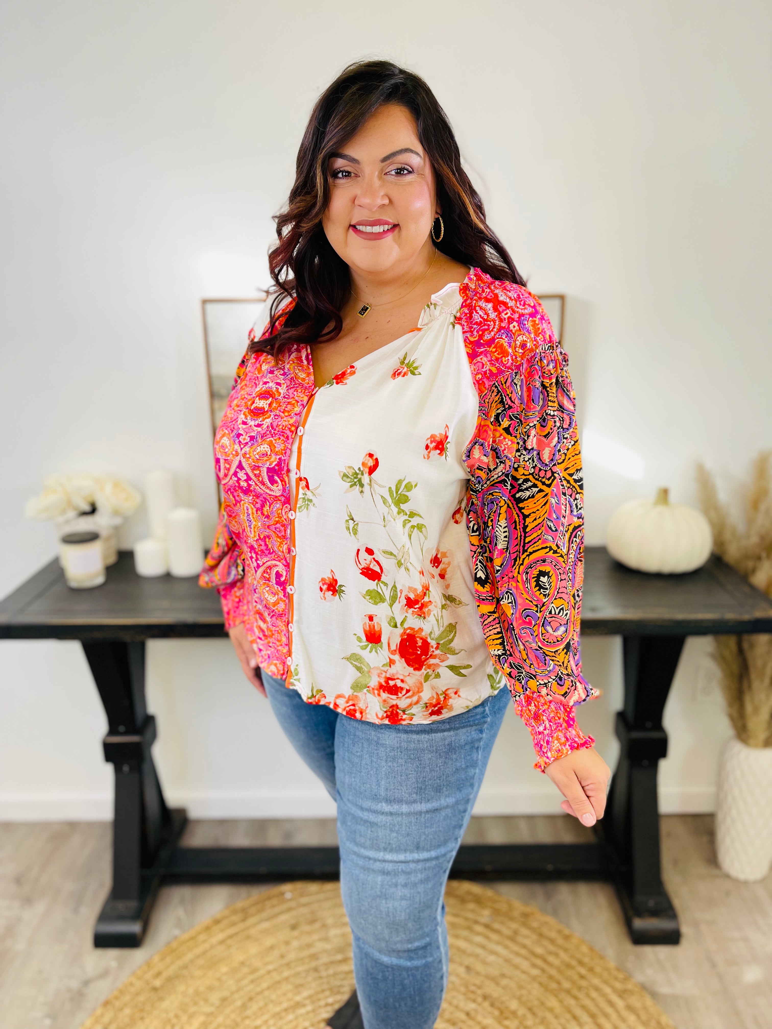 Katie Floral Print Patchwork Button Front Top