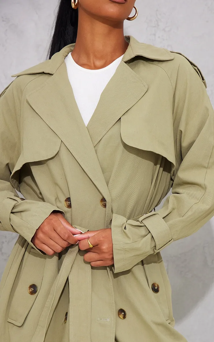 Khaki Panel Detail Belted Trench Coat