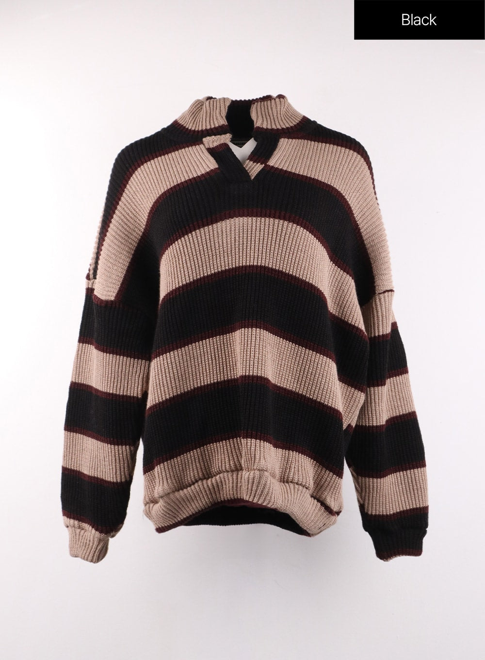 Knit High Neck Striped Button Long Sleeve Top OF405