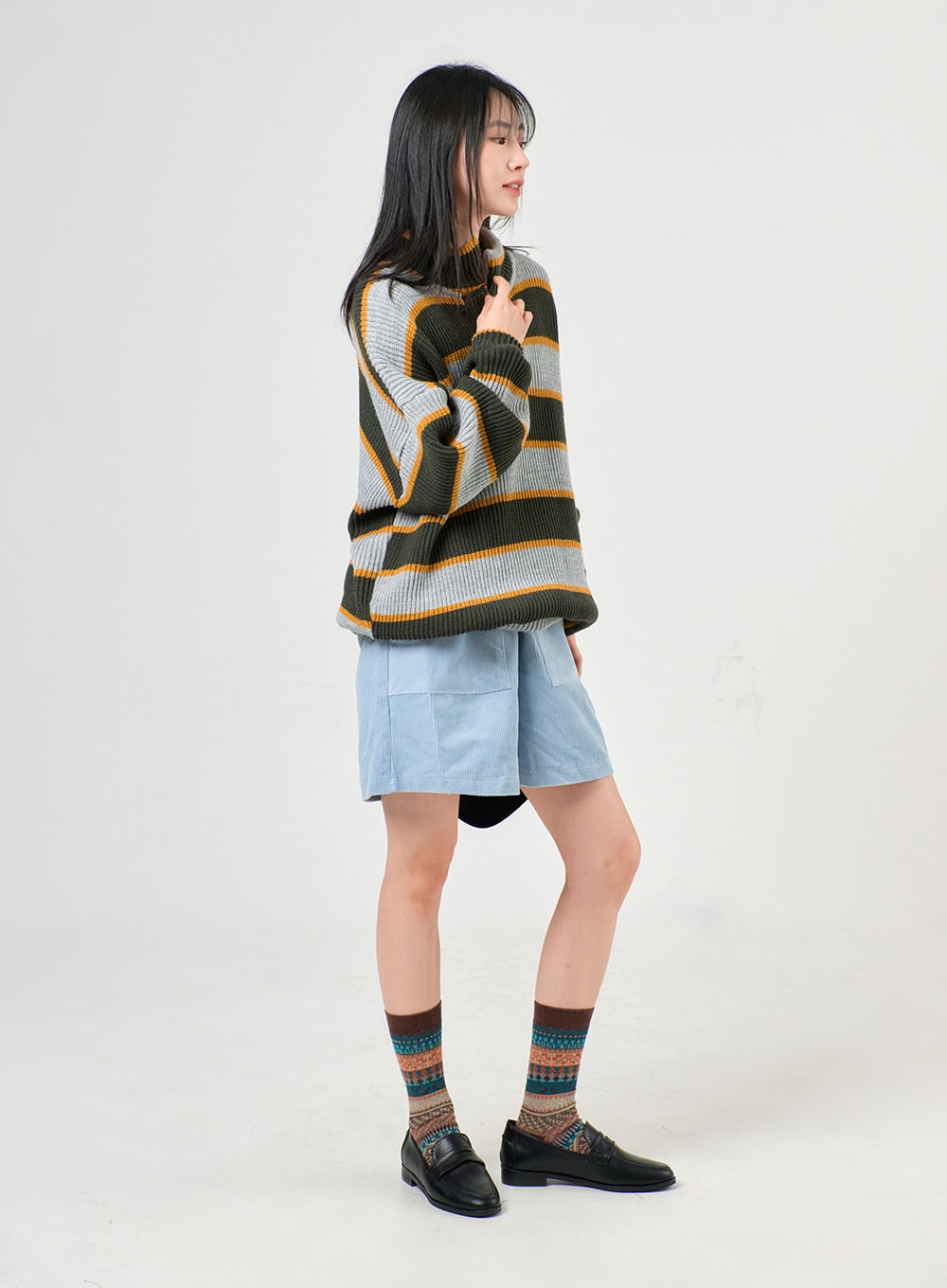 Knit High Neck Striped Button Long Sleeve Top OF405