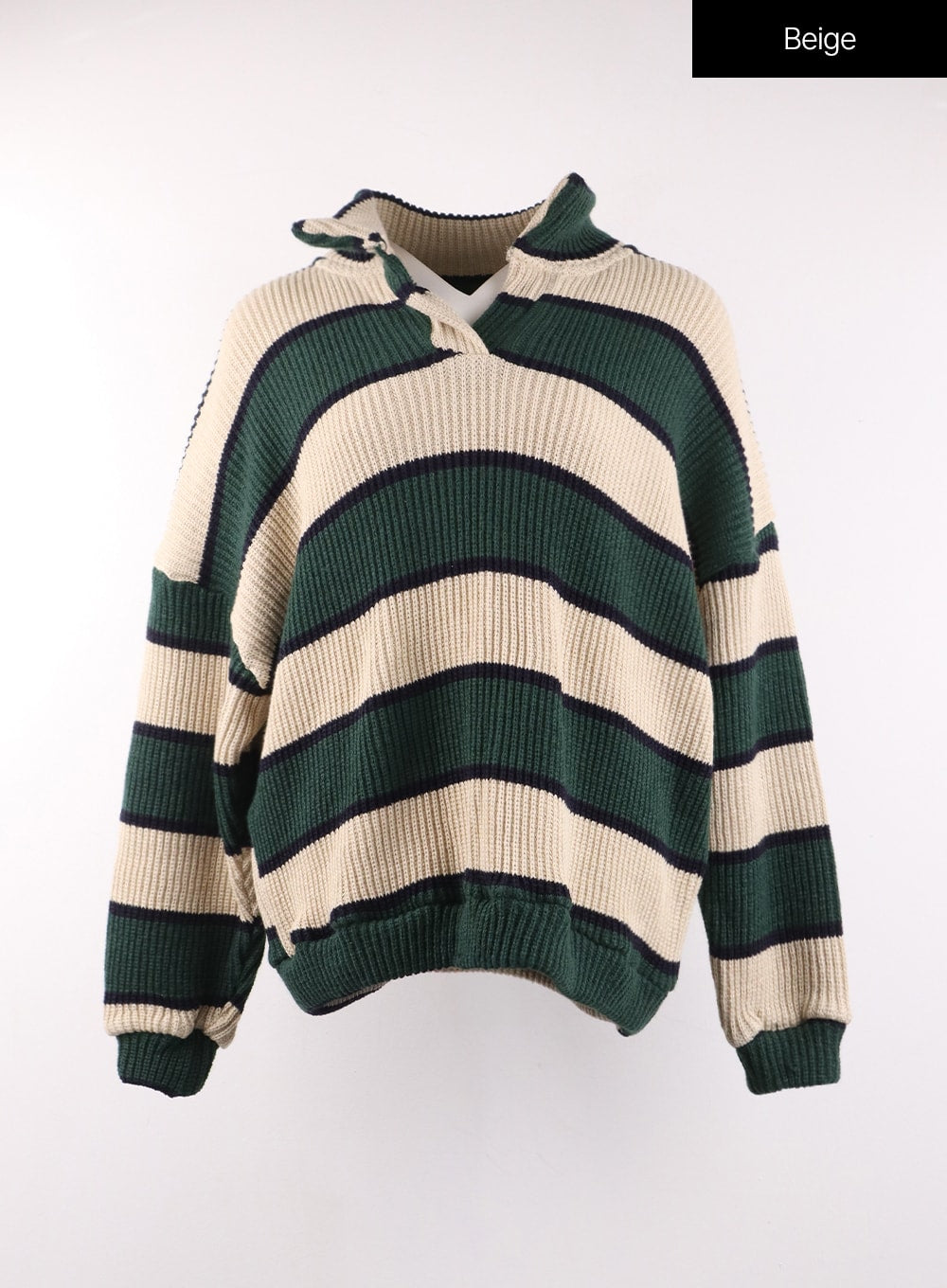 Knit High Neck Striped Button Long Sleeve Top OF405