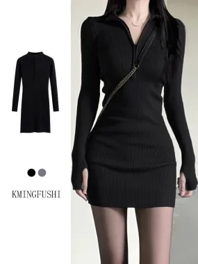 Late Autumn 2024 New Knitted Black Dress Women's Autumn and Winter Sweater Coat with Bottoming Cover for Little Mom