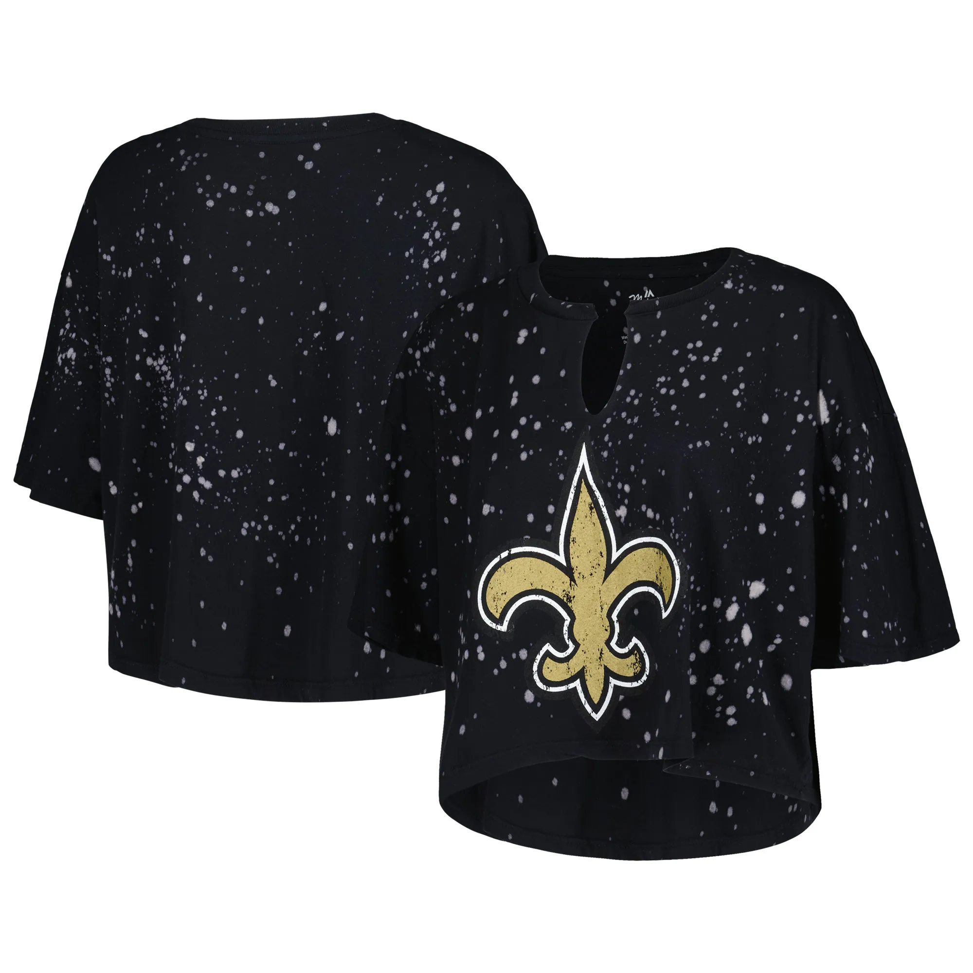 Lids Women's Majestic Threads Black New Orleans Saints Bleach Splatter Notch Neck Crop T-Shirt