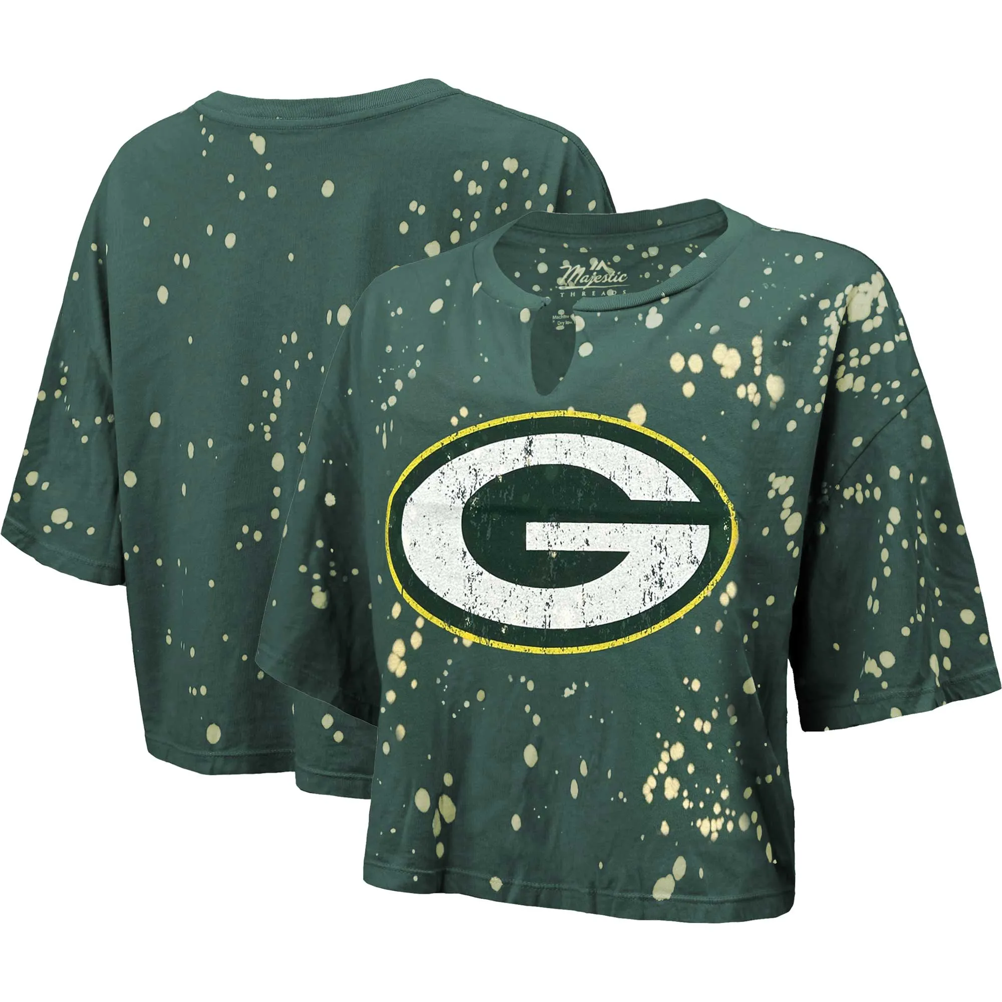 Lids Women's Majestic Threads Green Bay Packers Bleach Splatter Notch Neck Crop T-Shirt