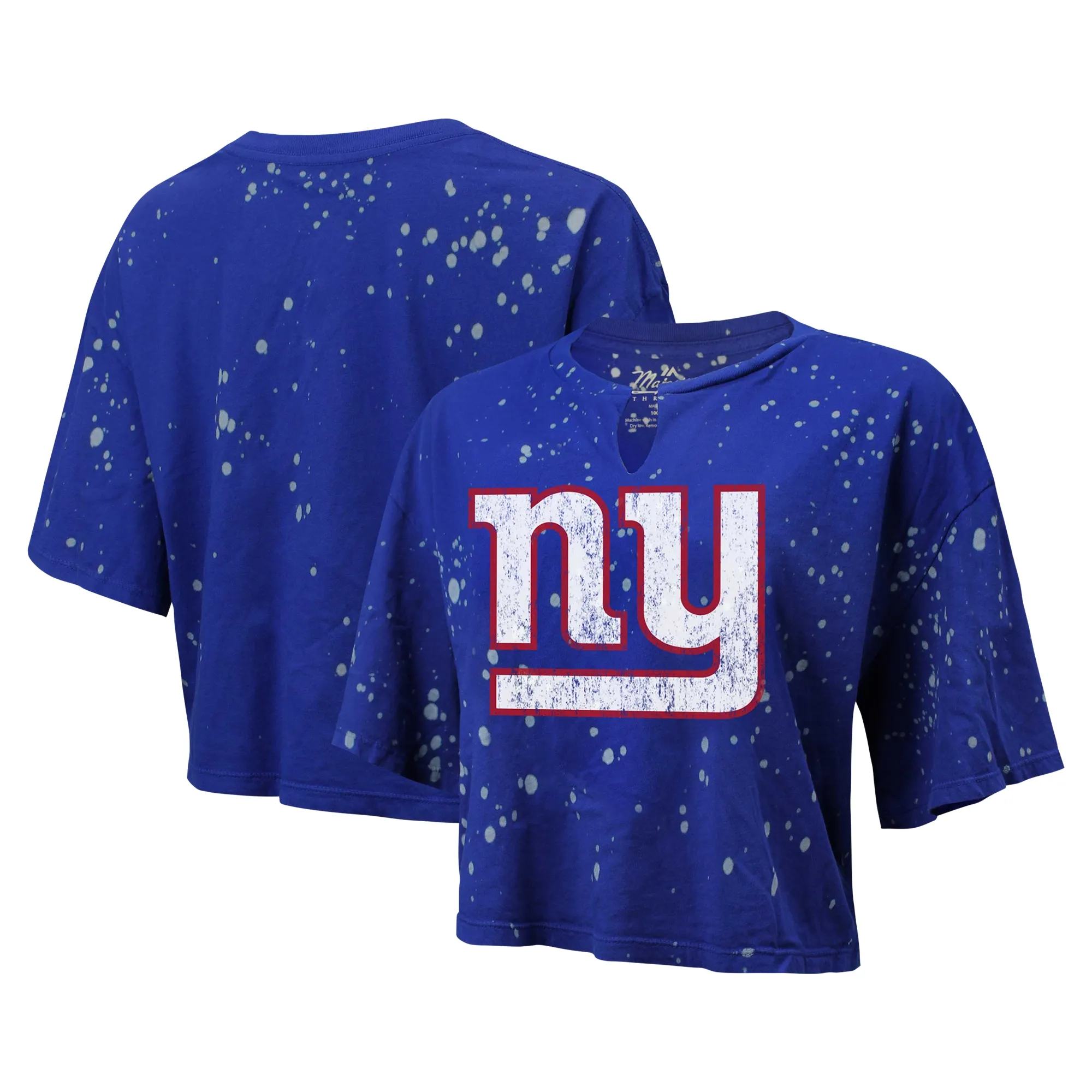 Lids Women's Majestic Threads Royal New York Giants Bleach Splatter Notch Neck Crop T-Shirt